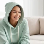 챔피언 후드티 신상 리뷰 - **Prompt: "A young woman, mid-20s, with a warm smile, sitting comfortably on a plush sofa in a sunli...