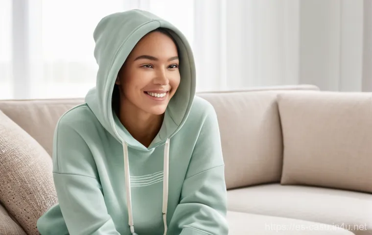 챔피언 후드티 신상 리뷰 - **Prompt: "A young woman, mid-20s, with a warm smile, sitting comfortably on a plush sofa in a sunli...