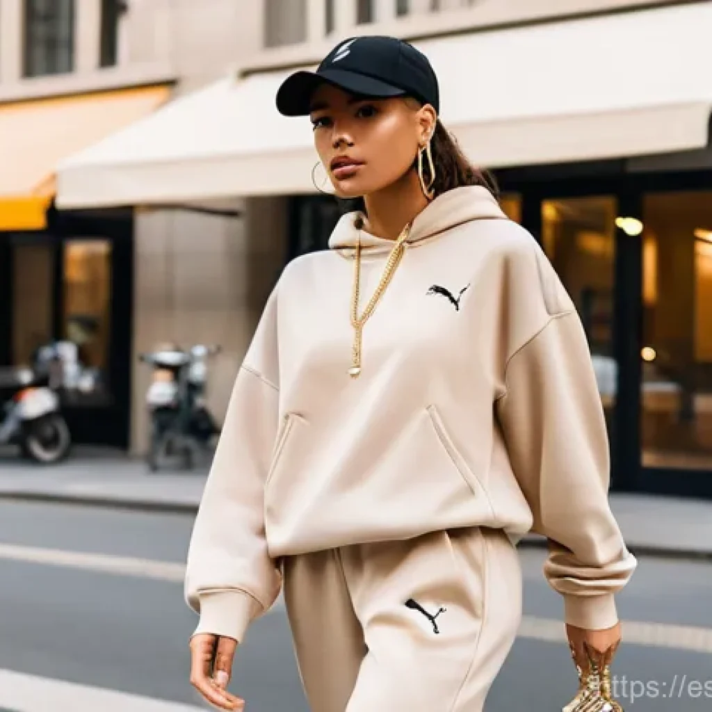 푸마 트랙수트 스타일링 팁 - **Prompt:** A young, stylish woman in her early twenties confidently walking down a bustling, sunlit...