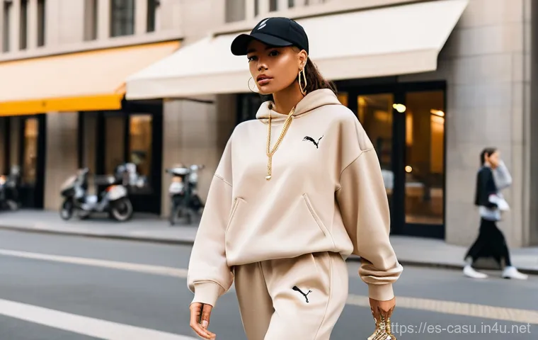 푸마 트랙수트 스타일링 팁 - **Prompt:** A young, stylish woman in her early twenties confidently walking down a bustling, sunlit...